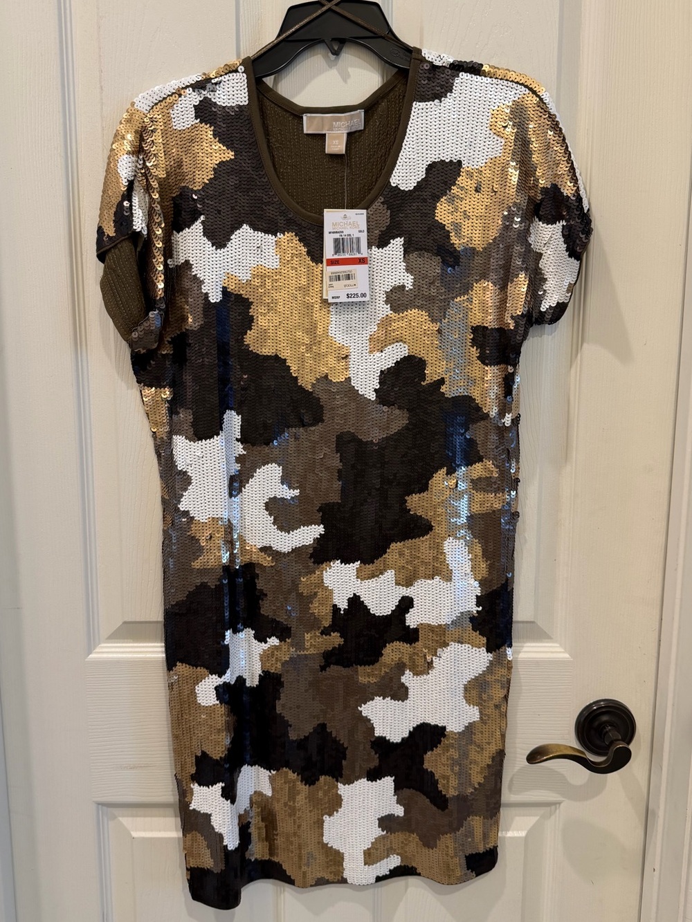 Michael Kors Olive, Gold & White Sequin Camo Top